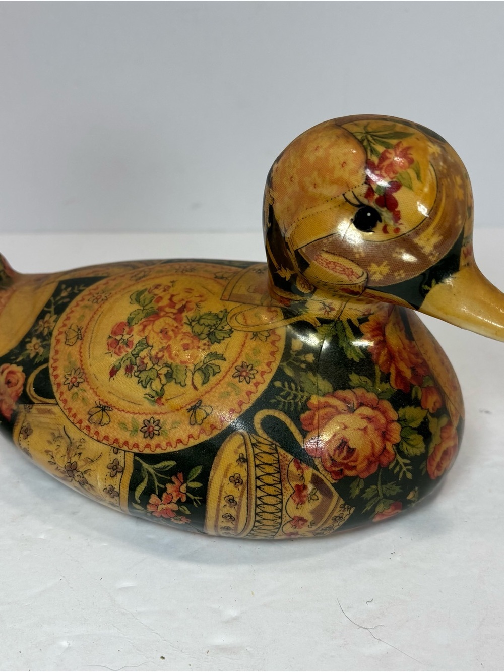 Vintage Floral Decoupage Duck Figurine Glossy Botanical Cottagecore Decor Pink